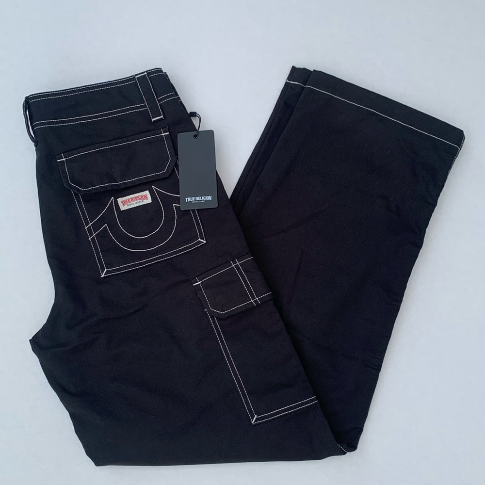 TRUE RELIGION Brand Jeans Military Cargo Pant Women’s Jet Black Wide Leg Sz 28